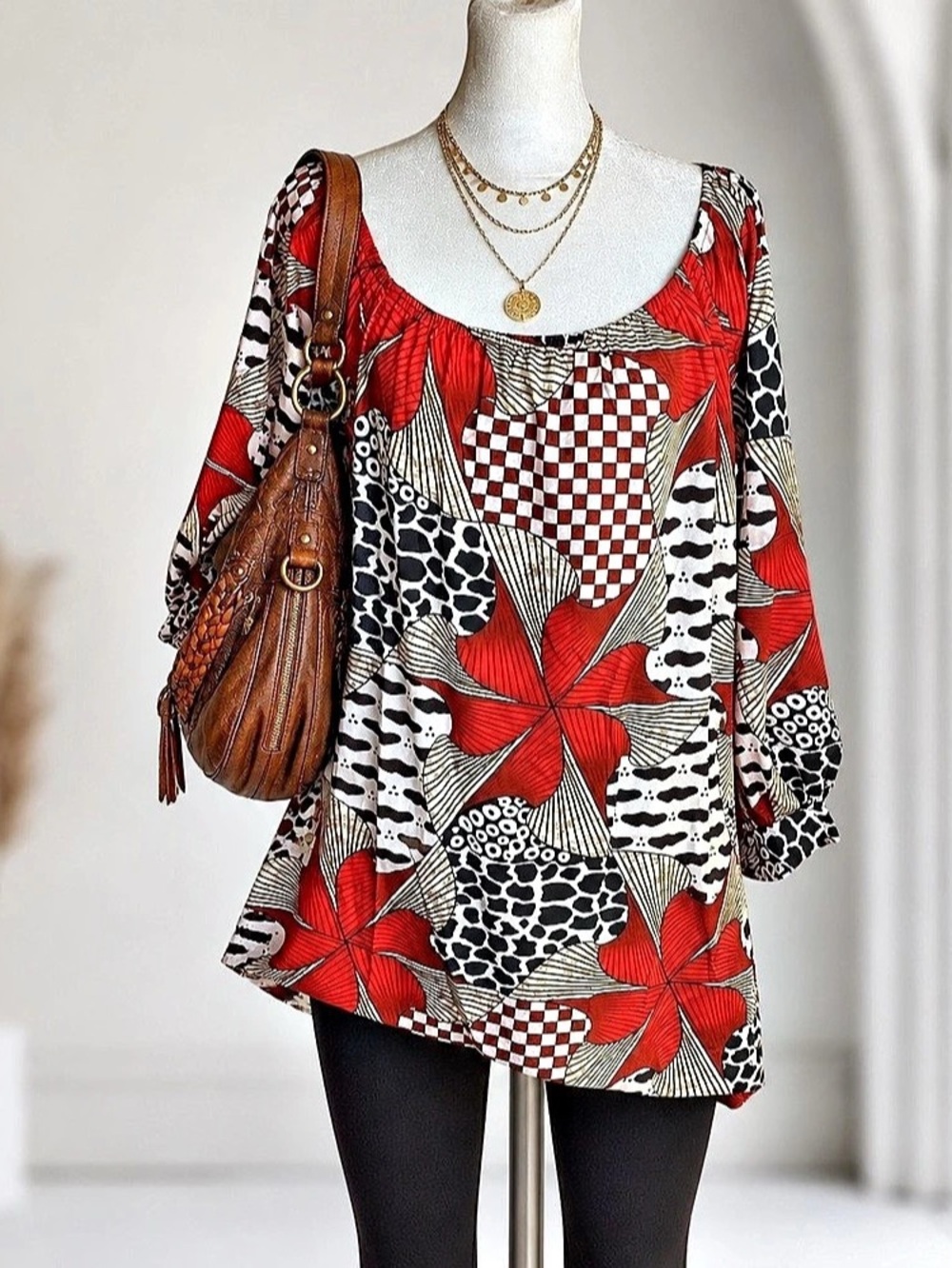 Unbranded Women’s XL Abstract Mixed Print Boho Tunic Top 3/4 Sleeve
